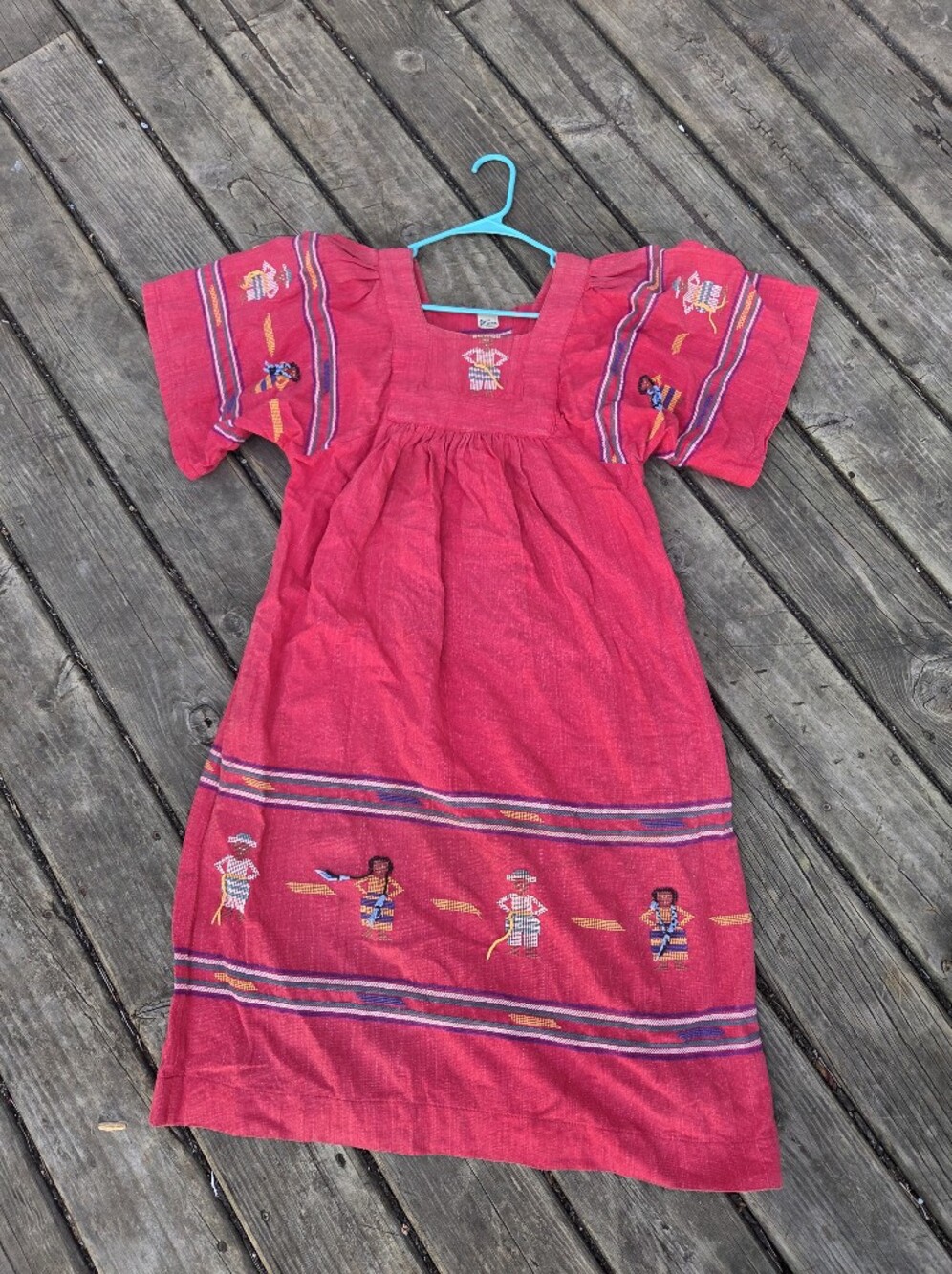 Vintage Guatemalan Embroidered Loomed Handmade Dress Pink Aztec Mexican